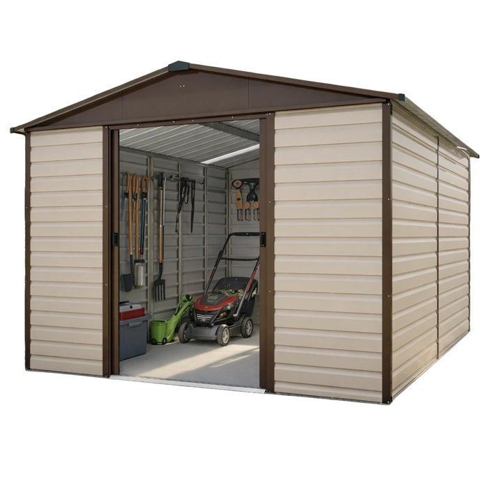 Casinha de jardim metálica Yardmaster de 10,46 m² + kit de ancoragem