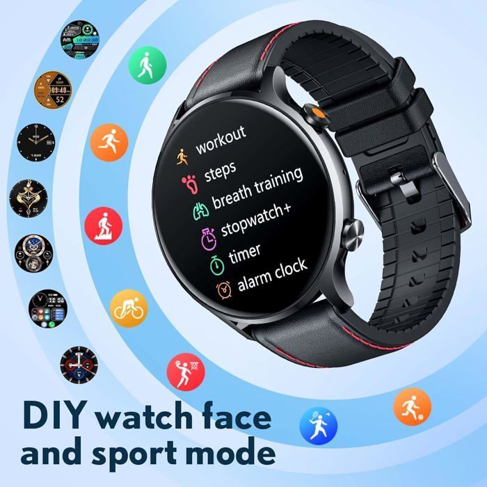 Montre Connectée Homme - WOOPSO - Écran 1.39'' - Étanche IP67 - Appels Bluetooth - Bracelet Cuir