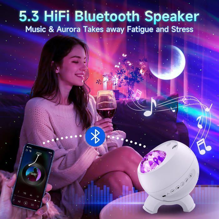 Proyector de cielo estrellado, luz nocturna de 180°, proyector de galaxia, Bluetooth, ruido blanco, luz nocturna para niños y adultos, control remoto.