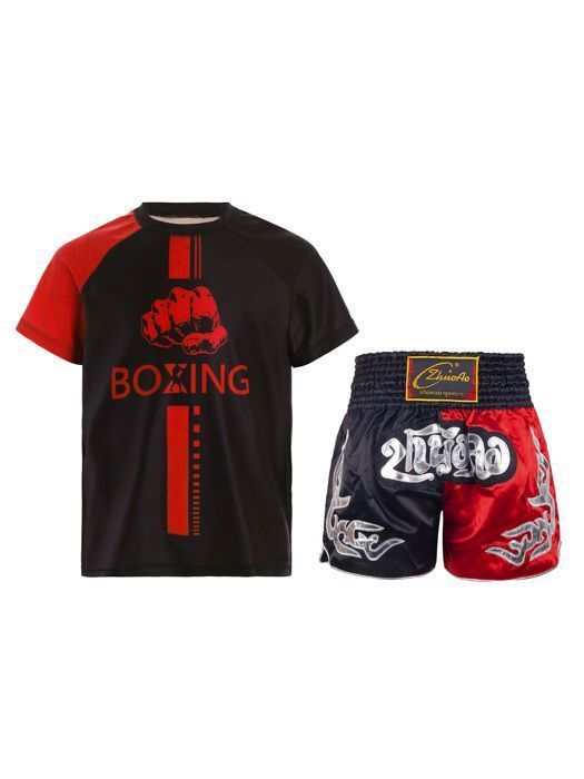 zdhoor Enfant Garçon Short de Boxe - avec Tee Shirt - Short Kick Boxing - Short Sport de Combat - Short Muay Thai MMA - 5-16 Ans