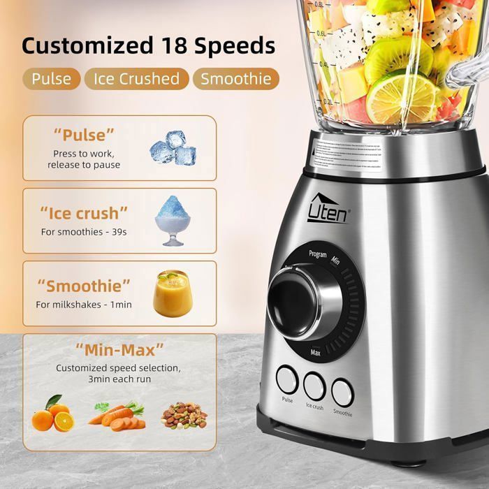 Uten 2L Smoothie Blender - 1800W Multifunctional Smoothie Blender - 18 Speeds - 6 Stainless Steel Blades