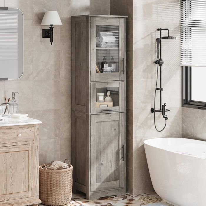 Colonne Salle de Bain - PROMIRACAL - 2 Portes - Étagères Réglables - 40 x 30 x 170 cm - Gris