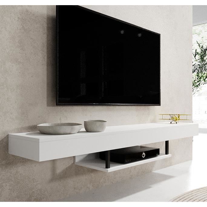 Wandgemonteerd tv-meubel | Tv-standaard voor de woonkamer | Tv-beugel | B 150 x D 29,6 x H 22 cm | Mat wit | Aydin model