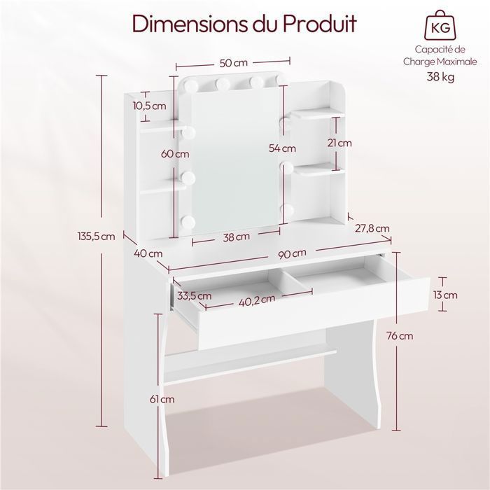 Yaheetech Coiffeuse avec Miroir 10 LED 3 Couleurs Deux Grands Tiroirs et Six Étagères de Rangement, Blanc