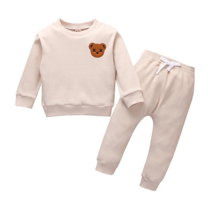 Conjunto de ropa de otoño para niños y niñas: Sudadera de manga larga con oso bordado + Pantalones largos, color blanco.