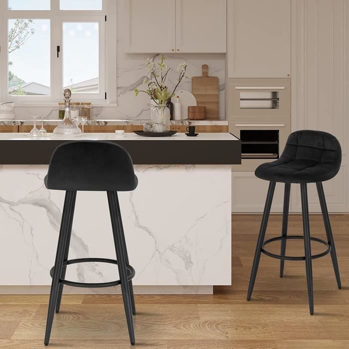 WOLTU Juego de 2 taburetes de bar modernos, sillas altas de cocina en terciopelo y metal, altura del asiento 70 cm, negro BH364sz-2