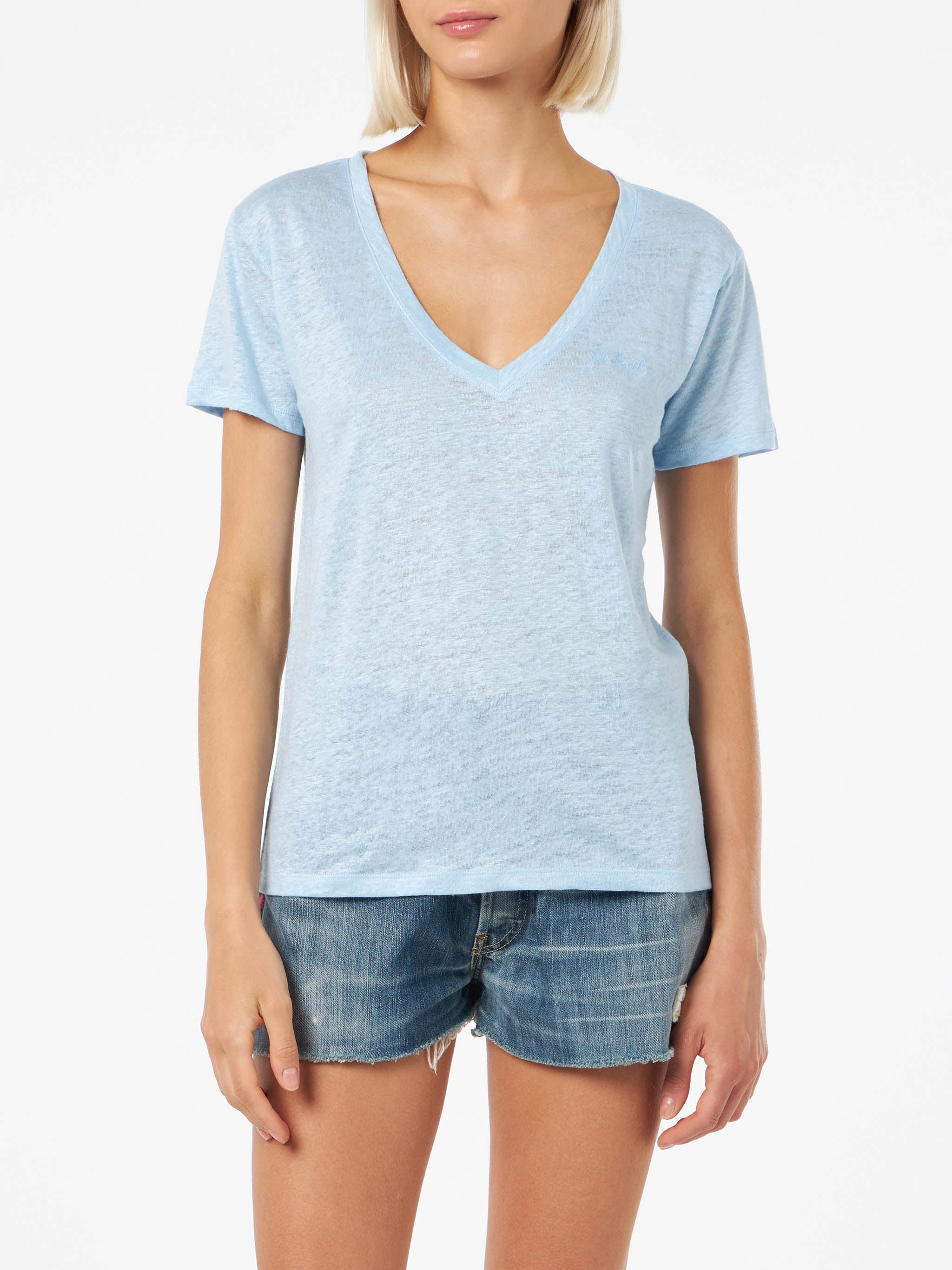 Eloise lichtblauw T-shirt met V-hals van linnenjersey