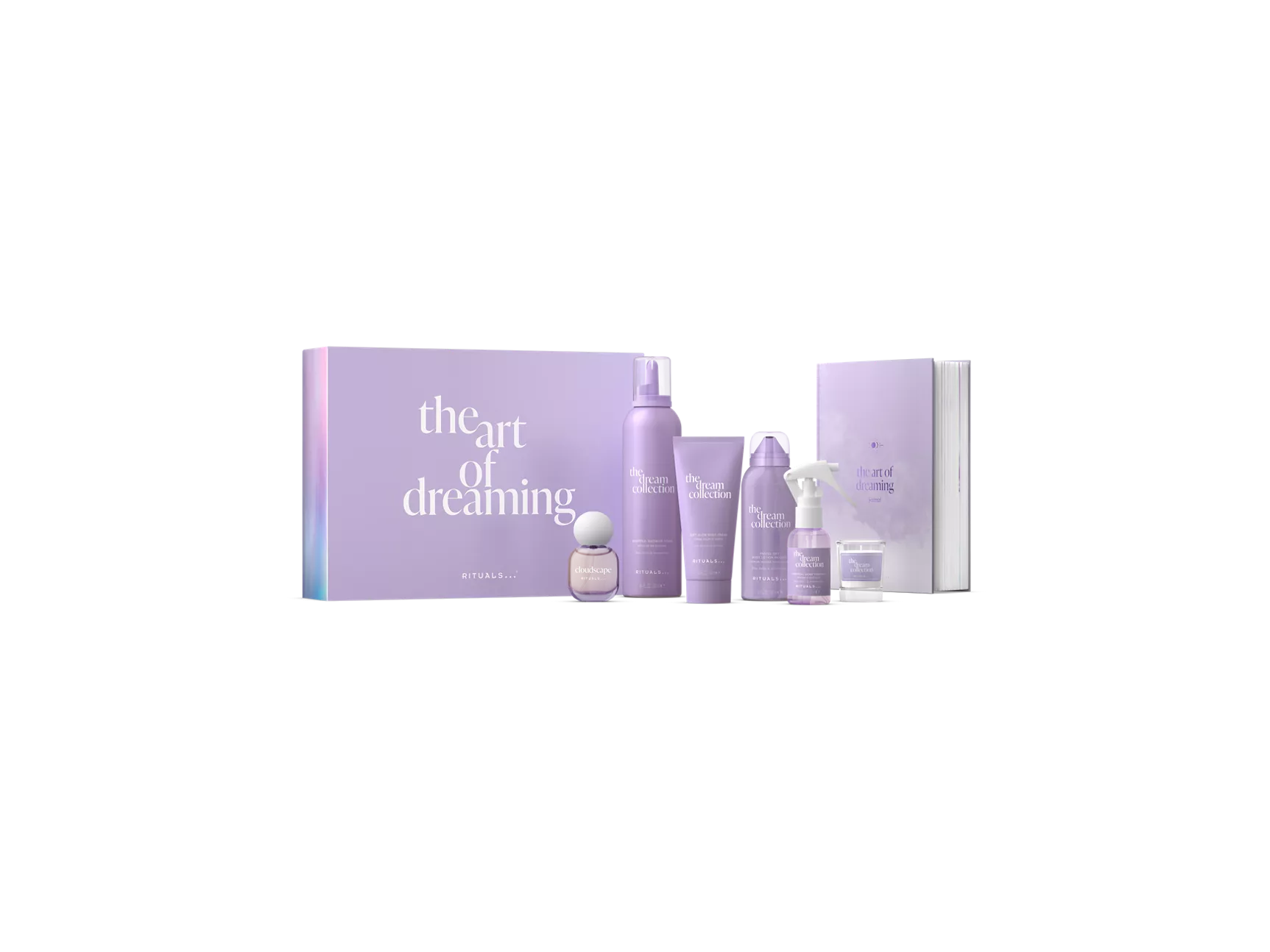Dream Collection -lahjasetti XL suihkuvaahto 250 ml, vartalovoide 100 ml, vartalovoide 150 ml, eau de parfum 15 ml, kodin tuoksu 50 ml, tuoksukynttilä 25 g, unipäiväkirja