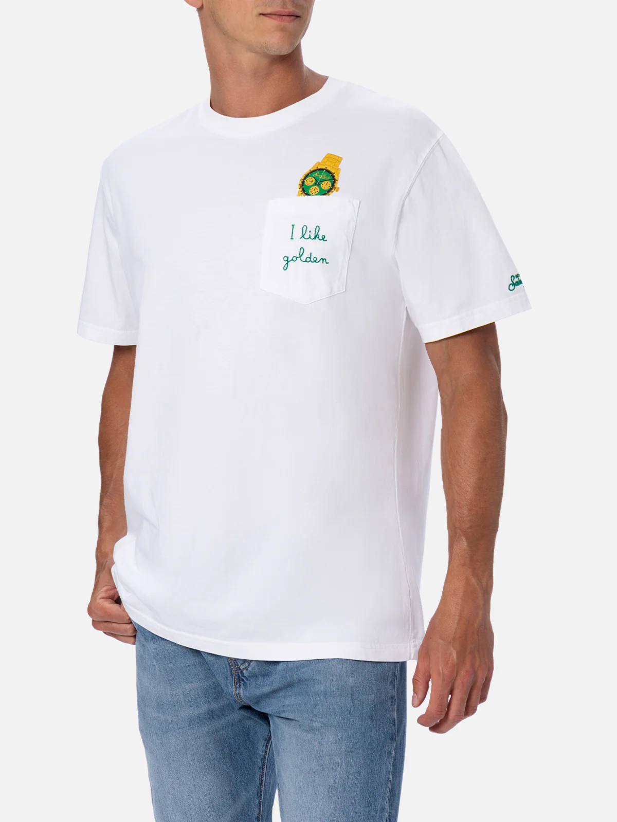 Men's Austin T-shirt | White Cotton Jersey with Embroidered Watch Print | Saint Barth Logo | Trompe-l'Oeil Design | Classic Fit | MC2 Saint Barth