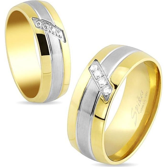 Steel and gold-plated engagement ring with zircon - Unisex - Silver