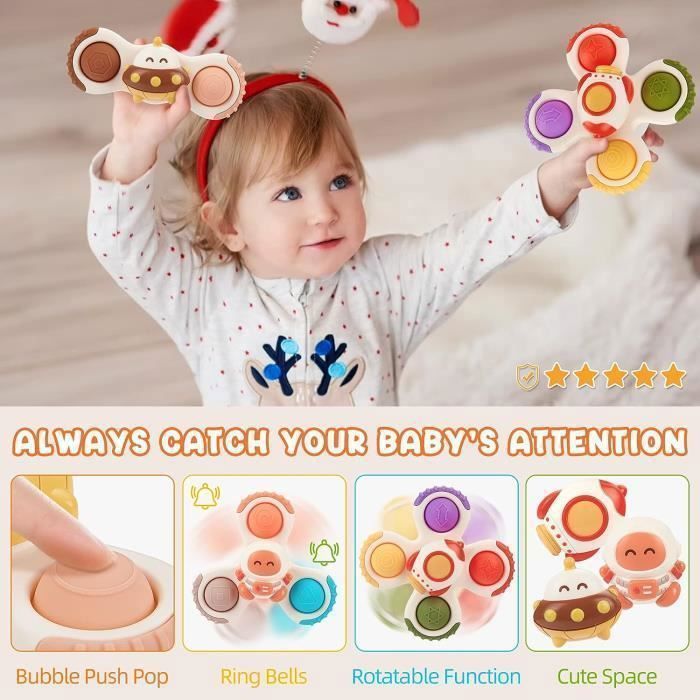Sugkoppsspinner för bebisar, handsnurrleksak för 1-åringar, sensorisk leksak, badleksak för bebisar, antistress, 3-pack
