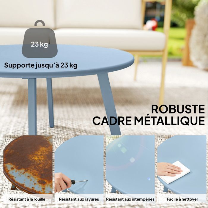 Petite table basse - Outsunny - ronde - avec patins antidérapants - cadre en métal - pour jardin, terrasse - Ø 70 x 42 cm - bleu