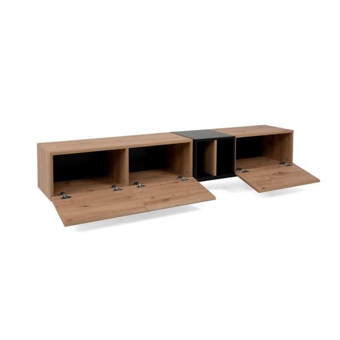 TV-meubel met 3 neerklapbare deuren - Eikenhout en zwarte afwerking - B 195 x D 37 x H 48 cm - NOLA