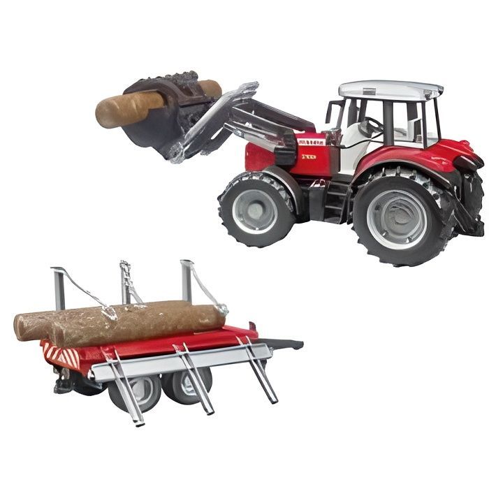 MASSEY FERGUSON 7480 tractor with loader and timber trailer - BRUDER