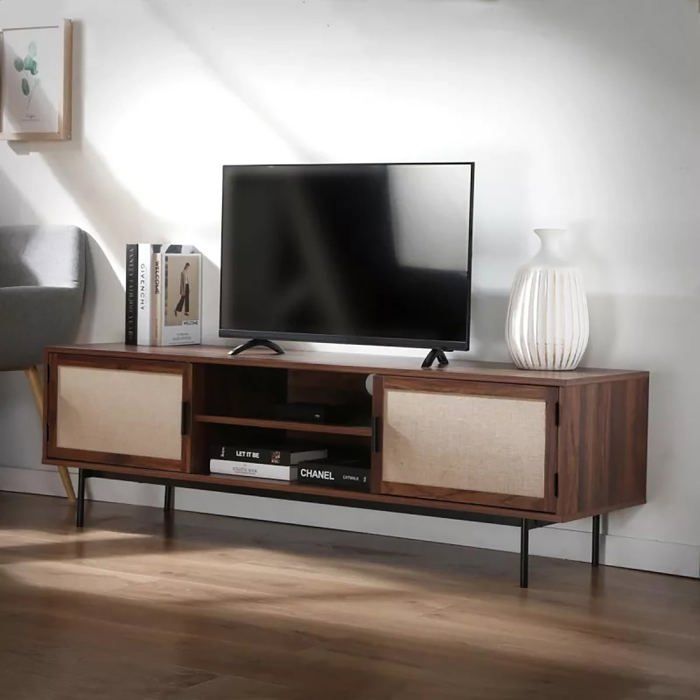 CALICOSY - Mueble para TV con acabado en nogal y frentes de tela, 140 cm de ancho, JETSON - Madera oscura
