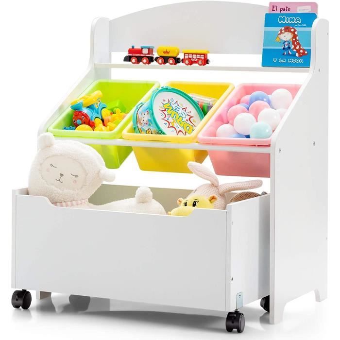 DEAMADE Coffre à Jouets pour Enfant avec 3 Palettes, Boîte de Rangement en Bois, Agés de 3 à 8 ans, pour Jouets, Livres, Blanc