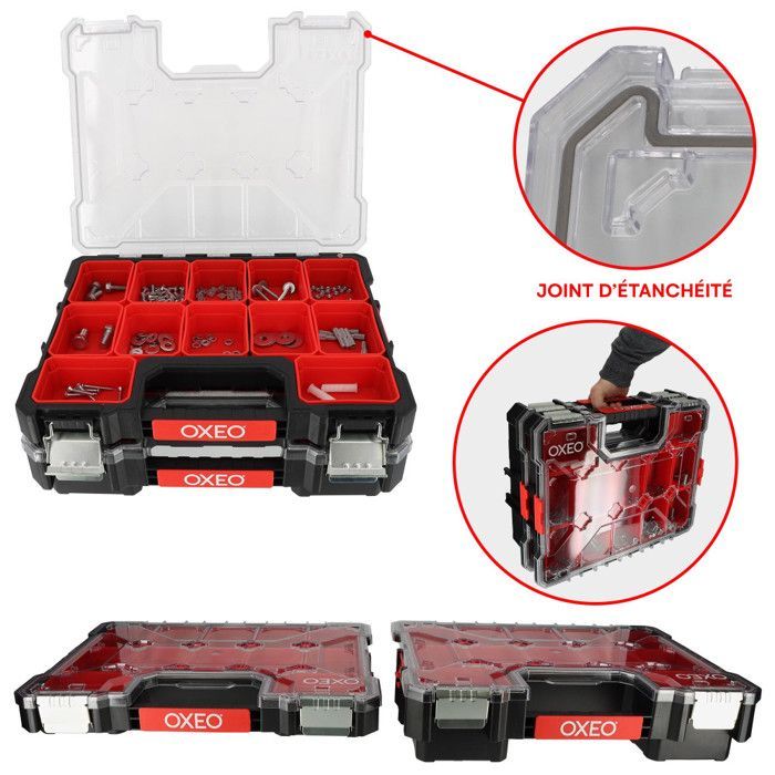 Juego de 2 estuches organizadores apilables - 2 x 12 compartimentos extraíbles - resistentes a los golpes - 2 profundidades