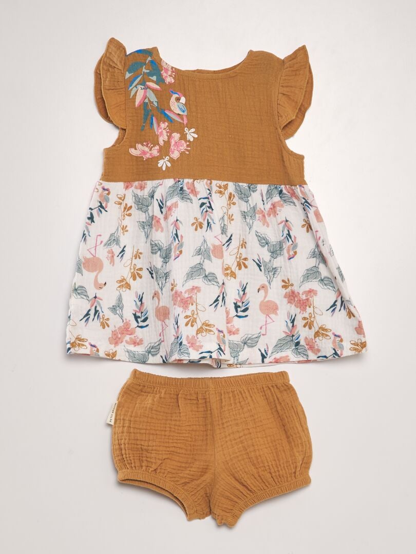 Jurk van katoenen gaas + culottes - ORANJE
