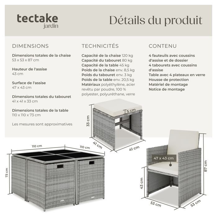 GARDEN TABLE AND CHAIR SET - TECTAKE - BILBAO Garden Lounge Set for 4 to 8 People, Foldable, Protective Cover Included - Light Grey
