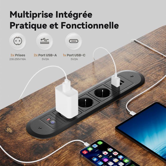 HLONONE Bureau Électrique Debout et Assis, 140 x 80 cm, avec Prise de Courant Intégrée, 2 Tiroirs Amovibles, Port USB-C, Marron