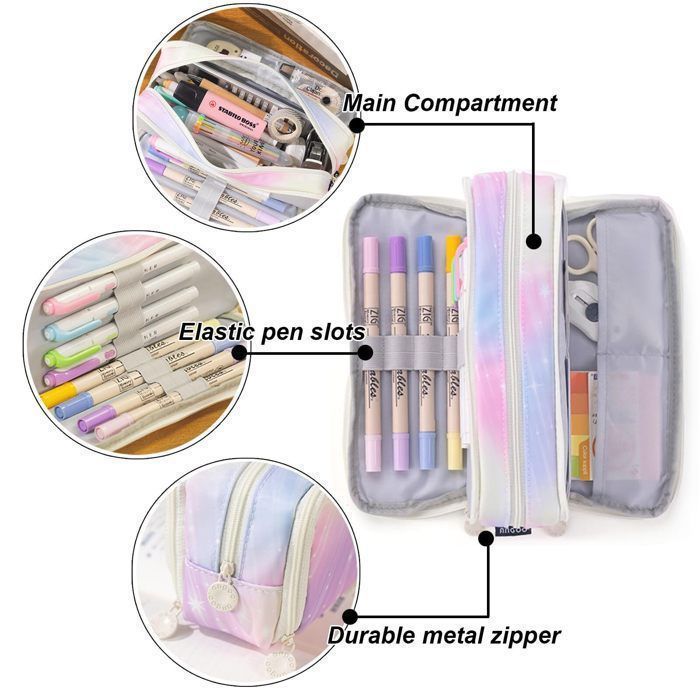 Trousse à Crayons pour Adolescents et Filles - 3 Compartiments - Grande capacité - pour l'école et Le Bureau (étoile filante Rose)