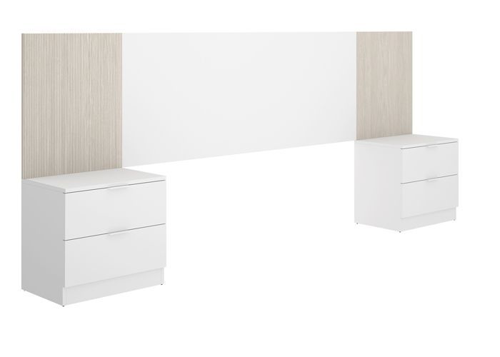 Ensemble de Tête de lit avec 2 tables de chevet de 2 tiroirs coloris imitation lamelles chêne naturel, blanc