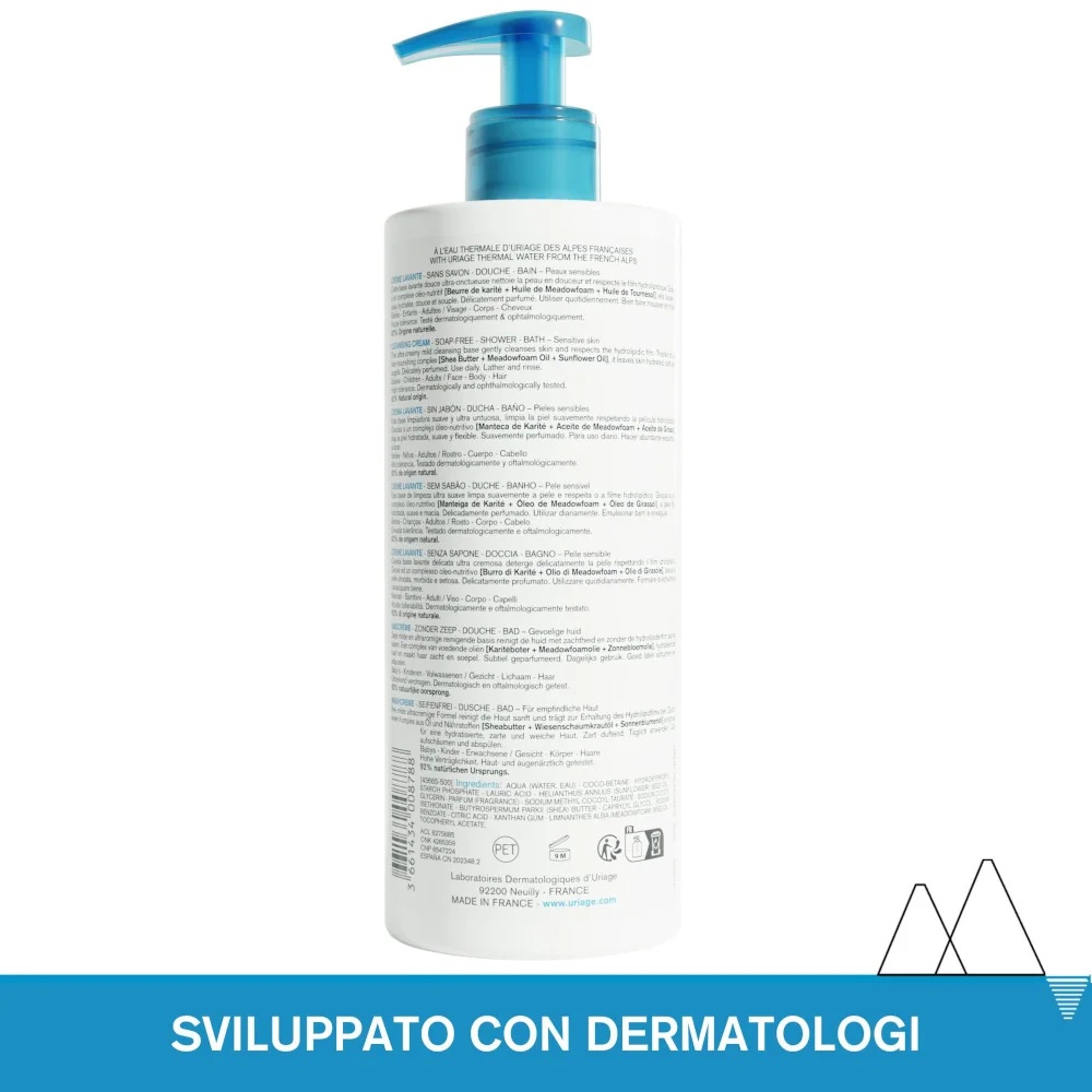 Crema limpiadora y nutritiva URIAGE para rostro, cuerpo y cabello, 500 ml, para todo tipo de piel.