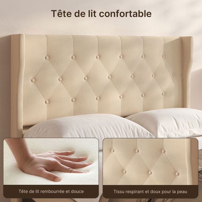 Struttura letto Bealife - 140 x 200 cm - Letto imbottito - Doghe in legno a fuso - Letto singolo - Vano contenitore da 20 cm - Beige