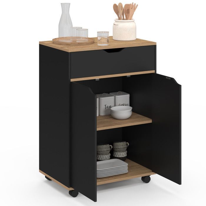 IDMARKET Desserte de cuisine COSY placard avec tiroir bois noir et plateaux façon hêtre L.60 CM