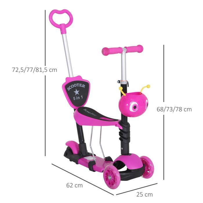Patinete infantil - HOMCOM - Patinete convertible 5 en 1 con 3 ruedas, manillar ajustable, asa de empuje y asiento extraíble - PP - Rosa