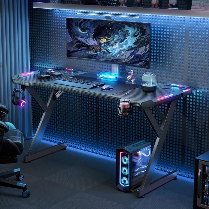 HLONONE LED Mesa Gaming 120 × 60 cm, Ergonomic Carbon Fiber Gaming Desk, Black