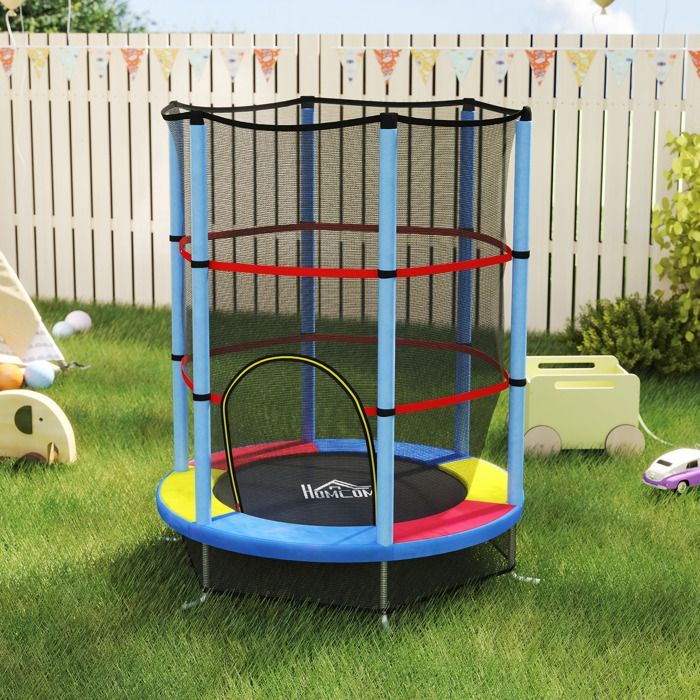 Trampolino per bambini - HOMCOM - Ø 1,40 x 1,90 m - rete di sicurezza, porta con cerniera, 6 pali imbottiti, portata massima 45 kg - multicolore
