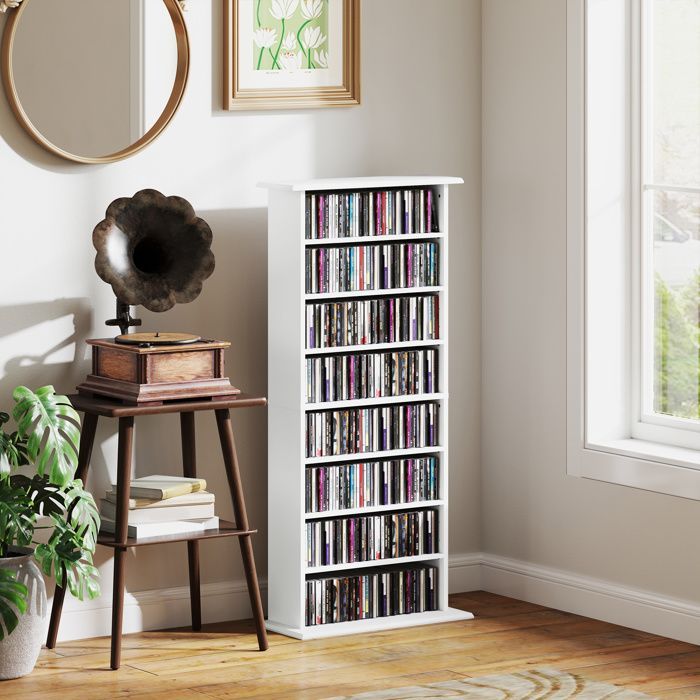 Rangements pour CD et DVD - HOMCOM - 8 compartiments et 6 étagères réglables - capacité max. 360 CD/185 DVD et Blu-ray - blanc