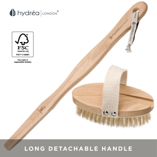 Hydrea London lichaamsborstel met natuurlijke haren en afneembaar handvat.