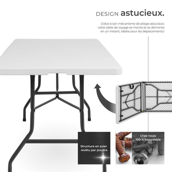 Mesa de camping - TECTAKE - Mesa plegable con correa de transporte incluida y patas antideslizantes 183 x 76 x 74 cm - Blanca