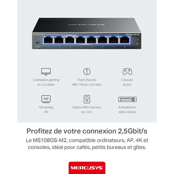 Mercusys MS108GS-M2 8-Port 2.5G Multi-Gigabit Desktop Switch - Ethernet - RJ45 - 4K Video