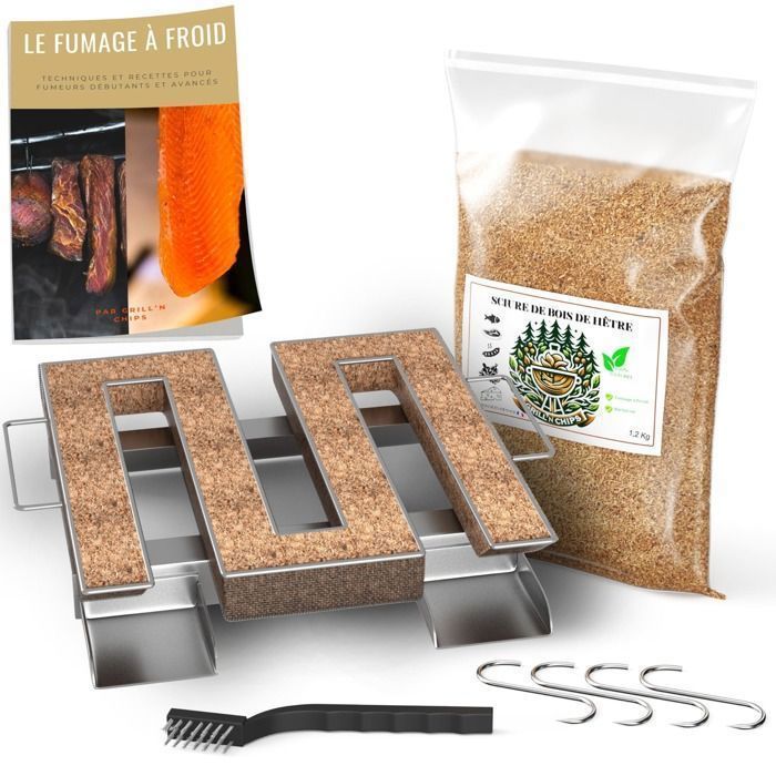 Générateur de fumée froide pour fumoir GRILL'N CHIPS + 1,2 kg sciure de hêtre, 4 crochets, brosse + e-book