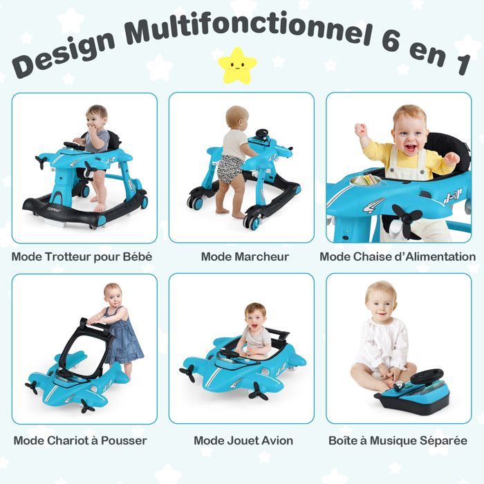 Girello pieghevole 6 in 1 COSTWAY - Design aereo - Altezza regolabile - Carillon con luci LED - Vassoio per la pappa - Da 6 a 18 mesi - Blu