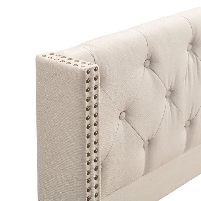 Cama doble para adultos - TKOPY - Cama tapizada de 140x190 cm, con somier de láminas, lino beige.