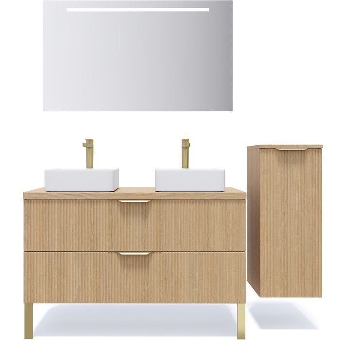 Mueble de baño suspendido HOMIFAB Venice de 120 cm con doble lavabo, acabado en roble estriado.
