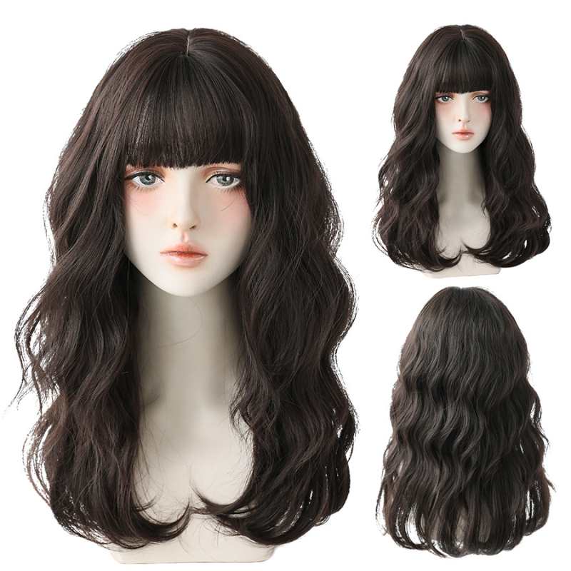 Long wavy black synthetic wigs with fluffy bangs for women casual wear four seasons heat resistant hair wig