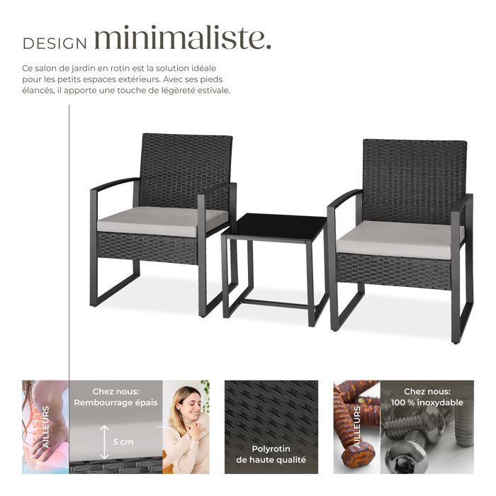 Garden furniture - TECTAKE - GRANADA 2-seater outdoor lounge set in sturdy rattan with a glass-topped table - Black