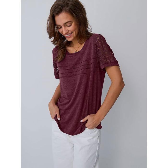 Camiseta de manga corta con cuello redondo para mujer, elegante y cómoda, color burdeos.