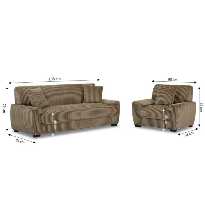 Conjunto de sofá de 3 plazas y sillón ADEA en pana marrón.