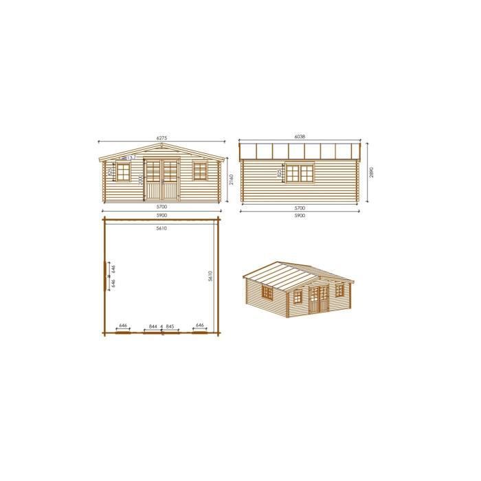 Gartenhaus aus Holz – 34,80 m² – 5,90 x 5,90 m – behandelt – 45 mm dick – Farbe: Braun – DOM656