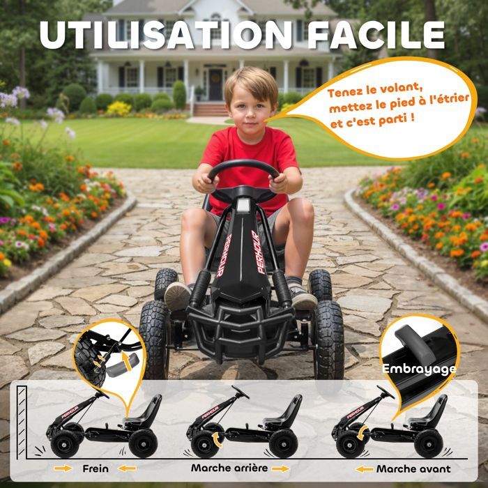 Kart à pédales - Go-Kart pour enfants - AIYAPLAY - siège réglable, pneus EVA, embrayage manuel et frein - 110 x 61 x 62 cm - noir