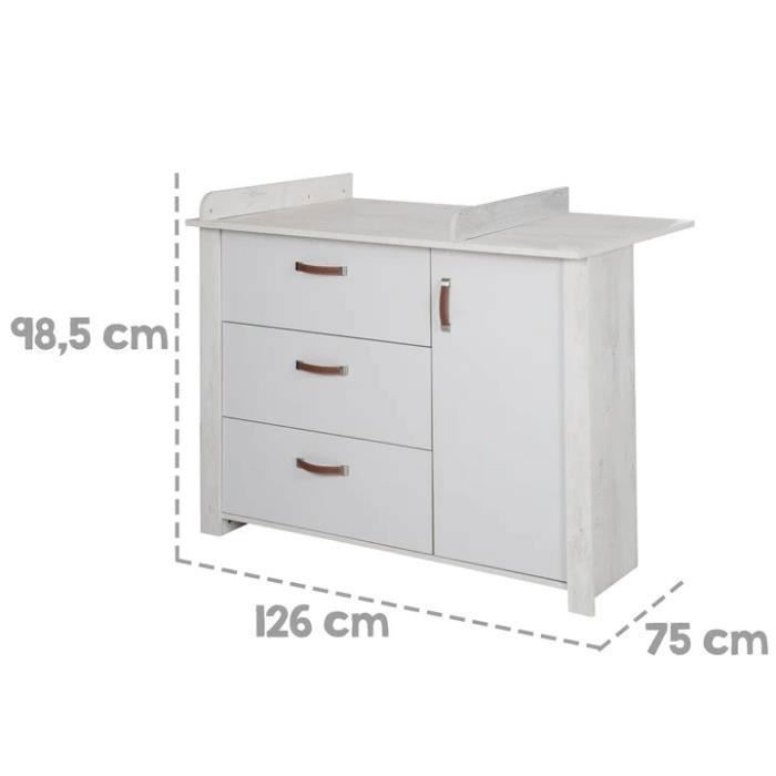 Commode à Langer ROBA Mila - 3 Tiroirs + 1 Porte - Poignées en Similicuir - Gris Clair / Chêne Blanchi