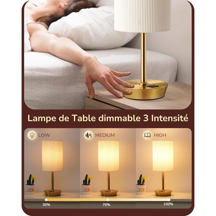 Juego de 2 lámparas de mesa táctiles EDISHINE, USB A+C, bombilla regulable incluida, pantalla plisada.