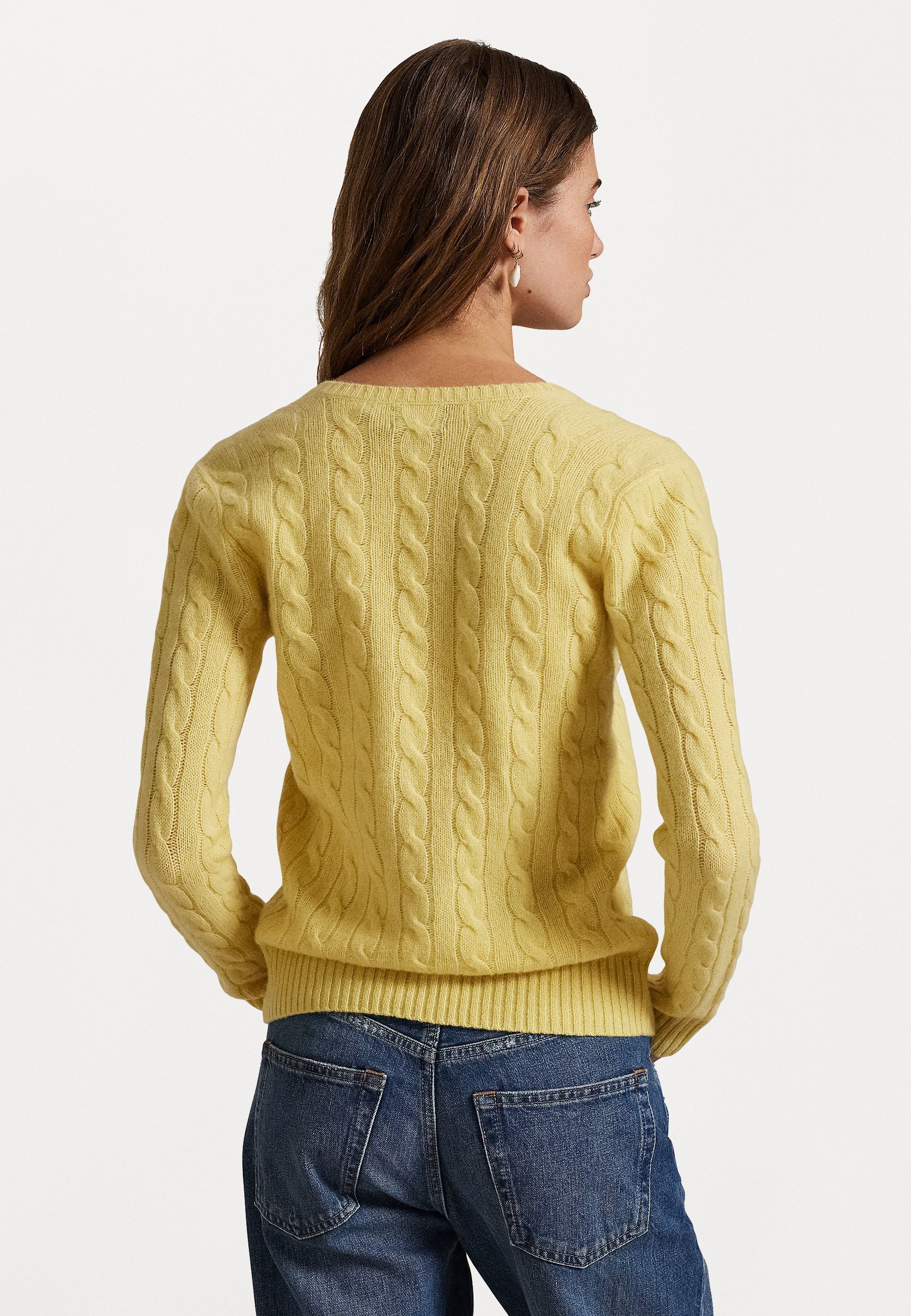 Pull Polo Ralph Lauren en laine et cachemire à maille torsadée et col V - Jaune automne