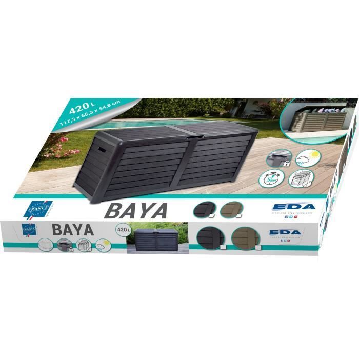 Gartenbox aus Kunststoff – EDA – BAYA – 420 l – Holzoptik – 117,3 x 54,8 x 65,3 cm (H) – Anthrazitgrau